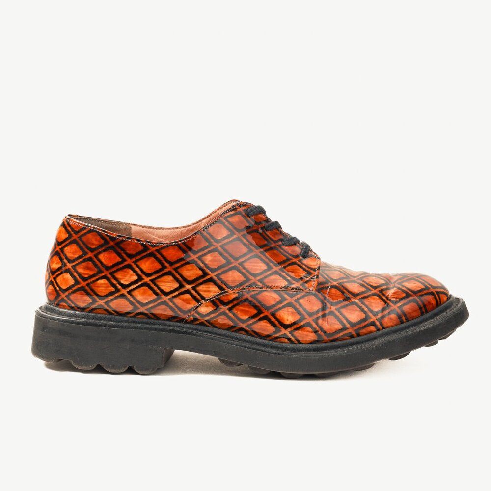 Robert Clergerie Brown Geometric-Pattern Lug Sole Patent Leather Derby Shoes